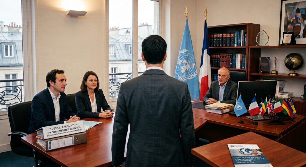 French attorney handling a foreign divorce recognition case in France